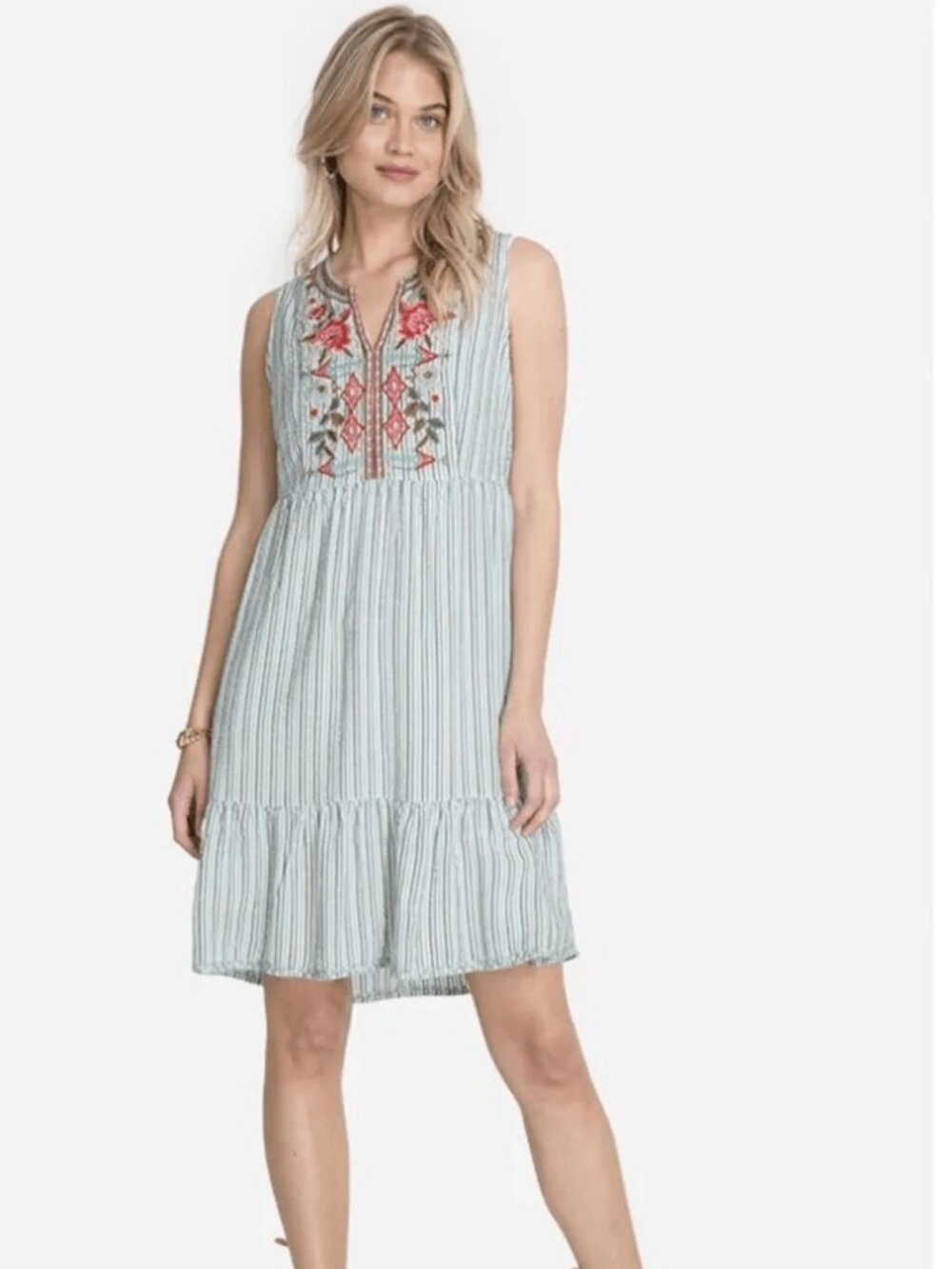 JOHNNY WAS Cyrielle Boho Emboidered Tank Dress XL Striped Floral Blue Green Pink